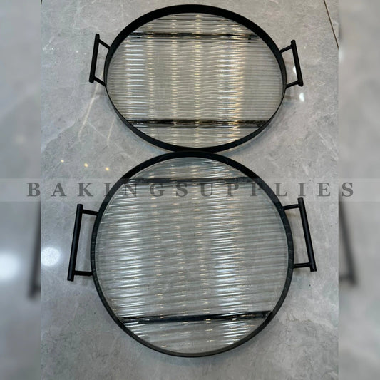 Luxury 2 Pc Round Glass Serving Tray Set with Black Metal Handles