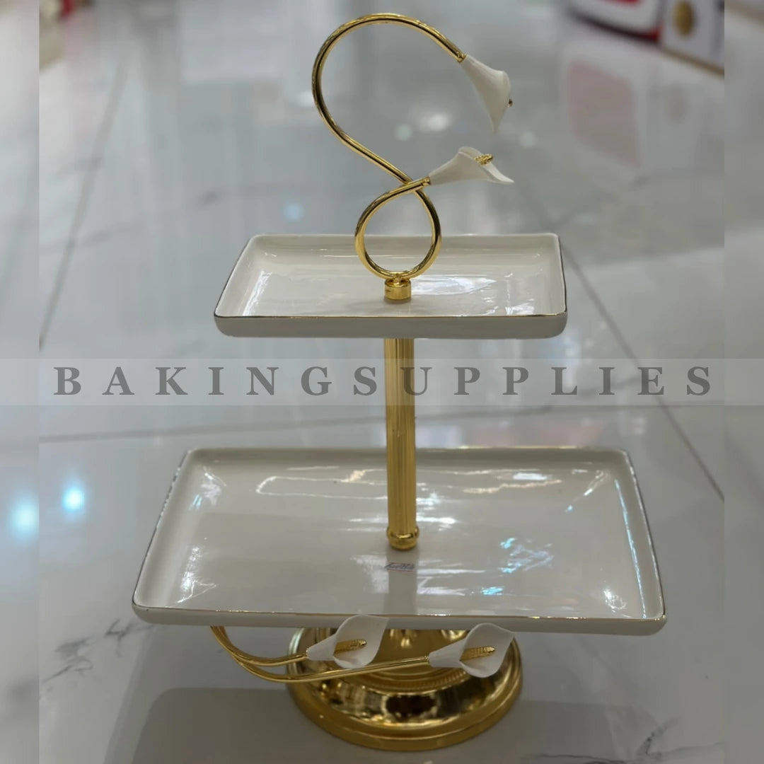 Luxury 2 Tier Ceramic Serving Stand with Gold Floral Design