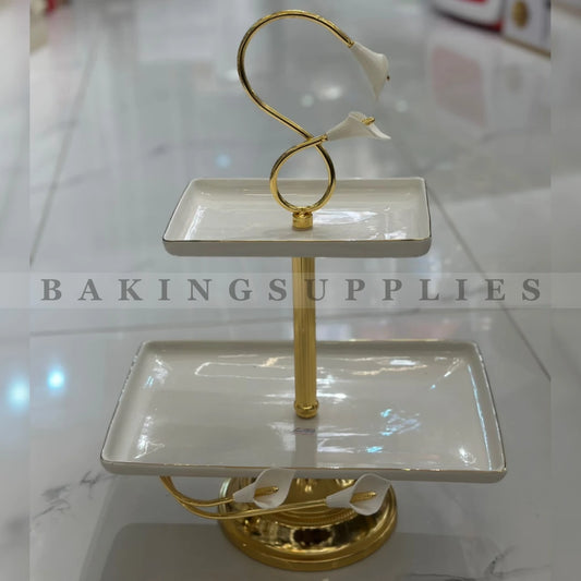 Luxury 2 Tier Ceramic Serving Stand with Gold Floral Design