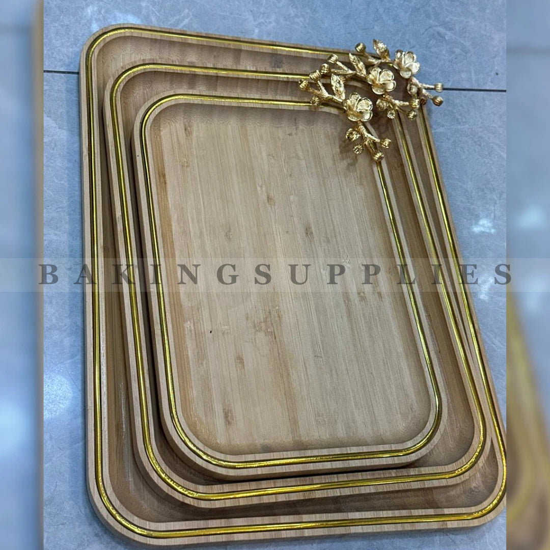 Luxury 3 Pc Bamboo Serving Tray Set with Gold Floral Accent