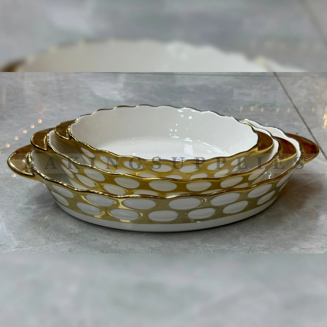 3-Piece Gold & White Serving Dish Set