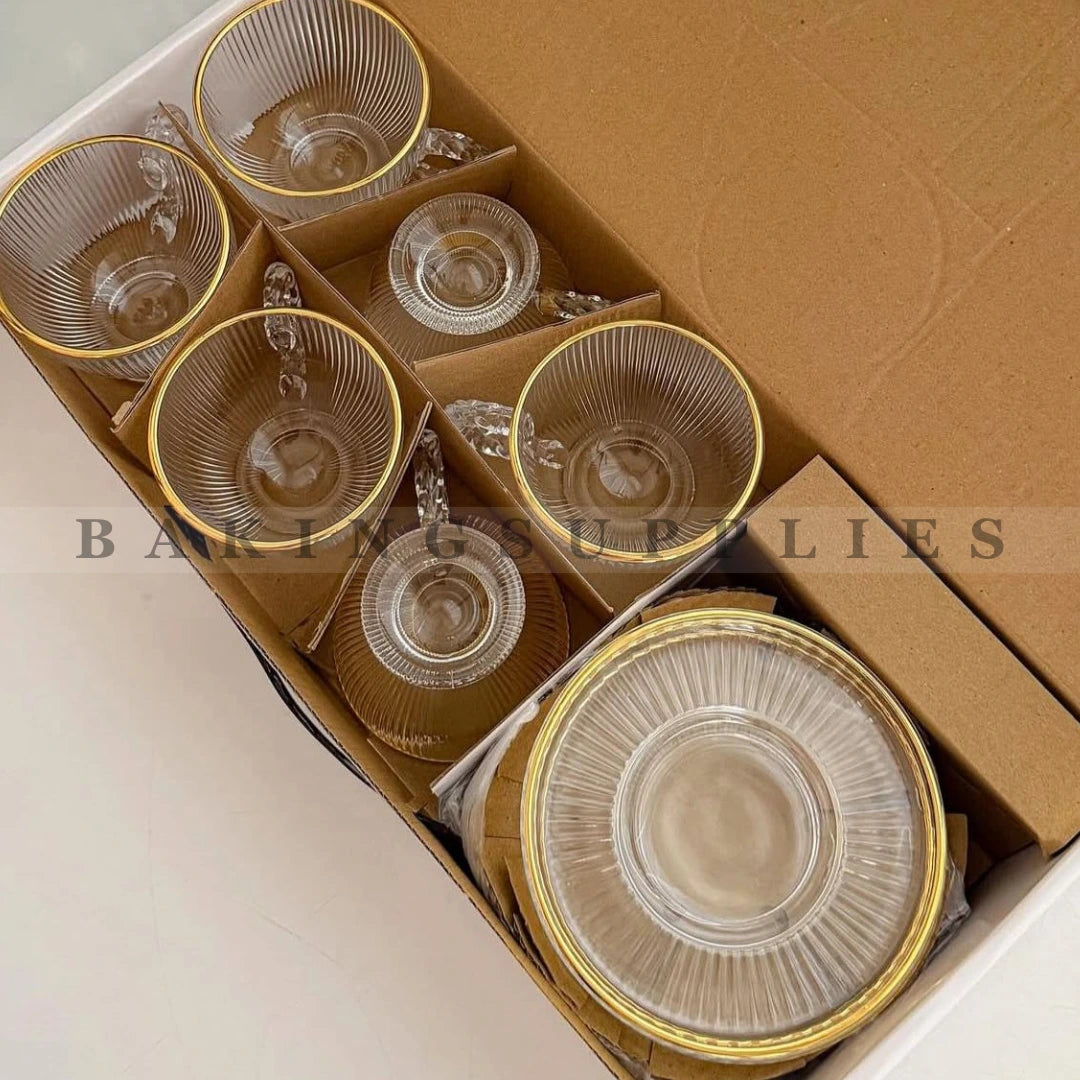 Luxury 6 Cups and Saucers Set | Gold Rim Glass Tea Cup Set