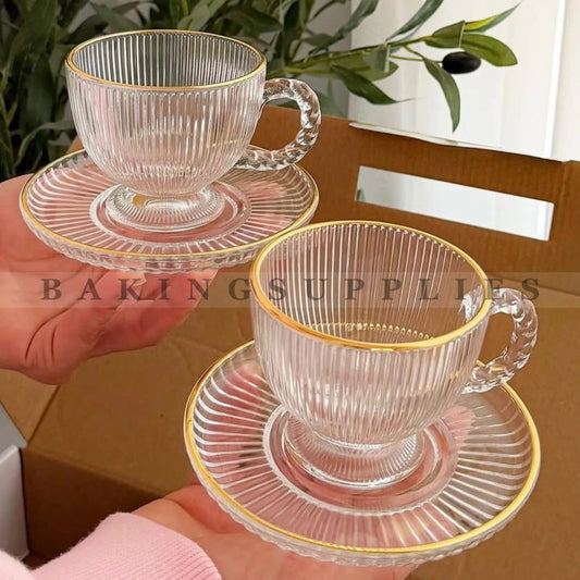 Luxury 6 Cups and Saucers Set | Gold Rim Glass Tea Cup Set