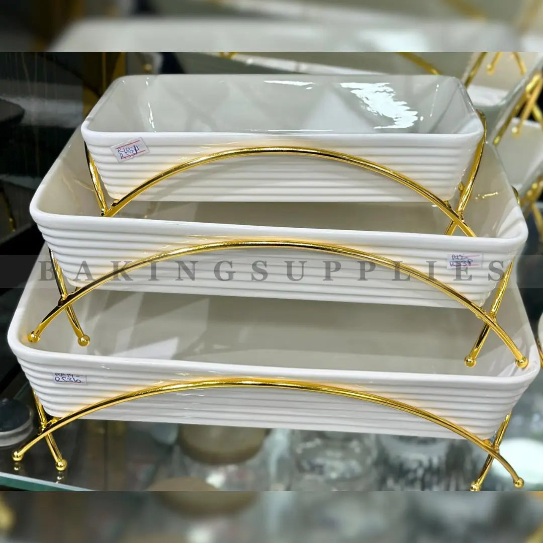 Luxury Ceramic Serving Dishes with Gold Stand | 3 Piece Serveware Set