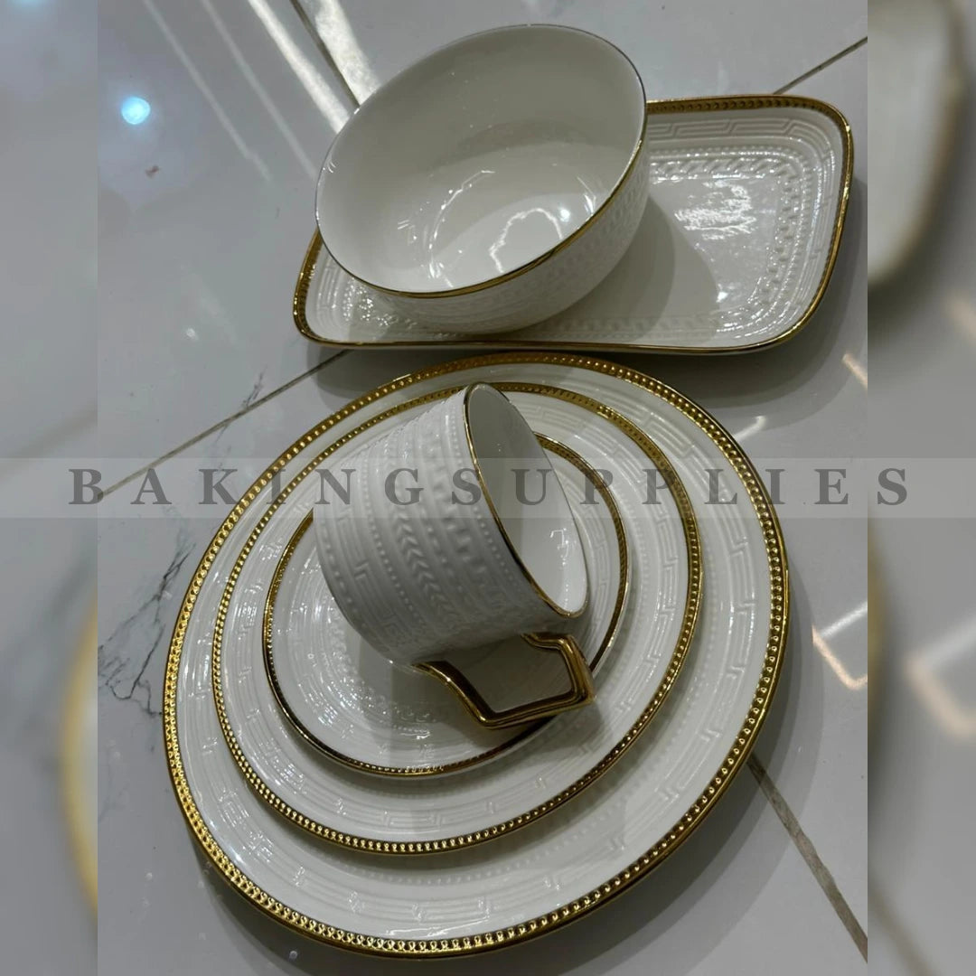 32 Pieces Luxury Embossed Breakfast Set | Gold Rim & Silver Rim Collection