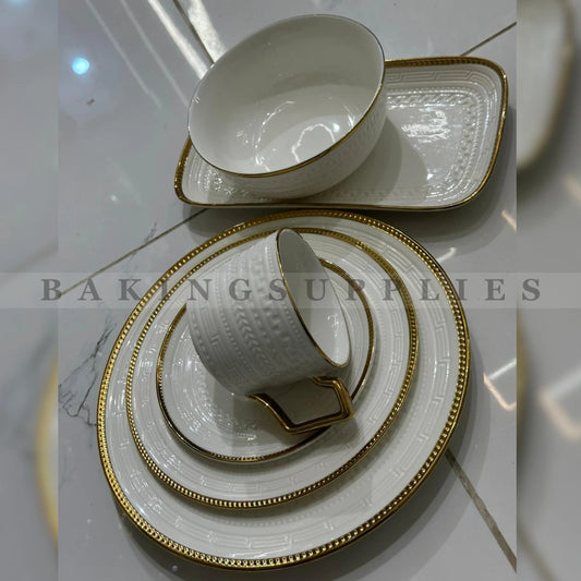 32 Pieces Luxury Embossed Breakfast Set | Gold Rim & Silver Rim Collection
