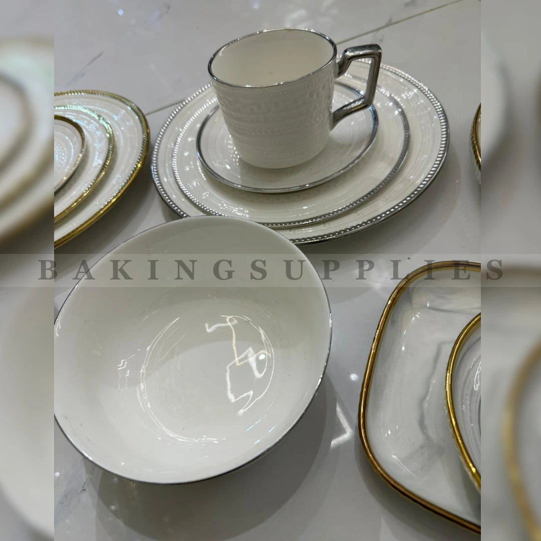 32 Pieces Luxury Embossed Breakfast Set | Gold Rim & Silver Rim Collection