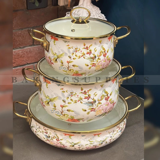 Luxury Floral Cookware Set of 3 with Glass Lids