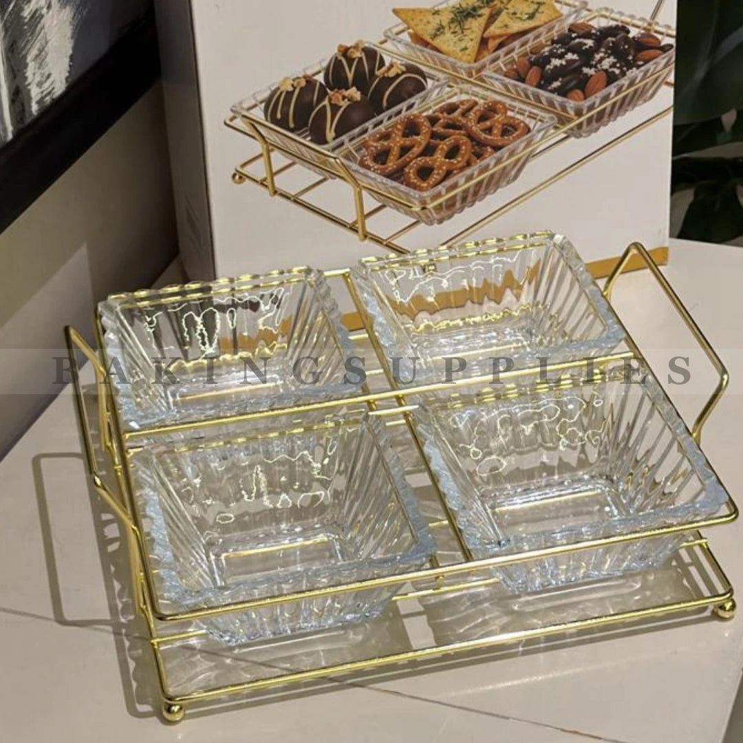 Luxury Glass Serving Bowl Set with Gold Stand | 5 Piece Serving Set
