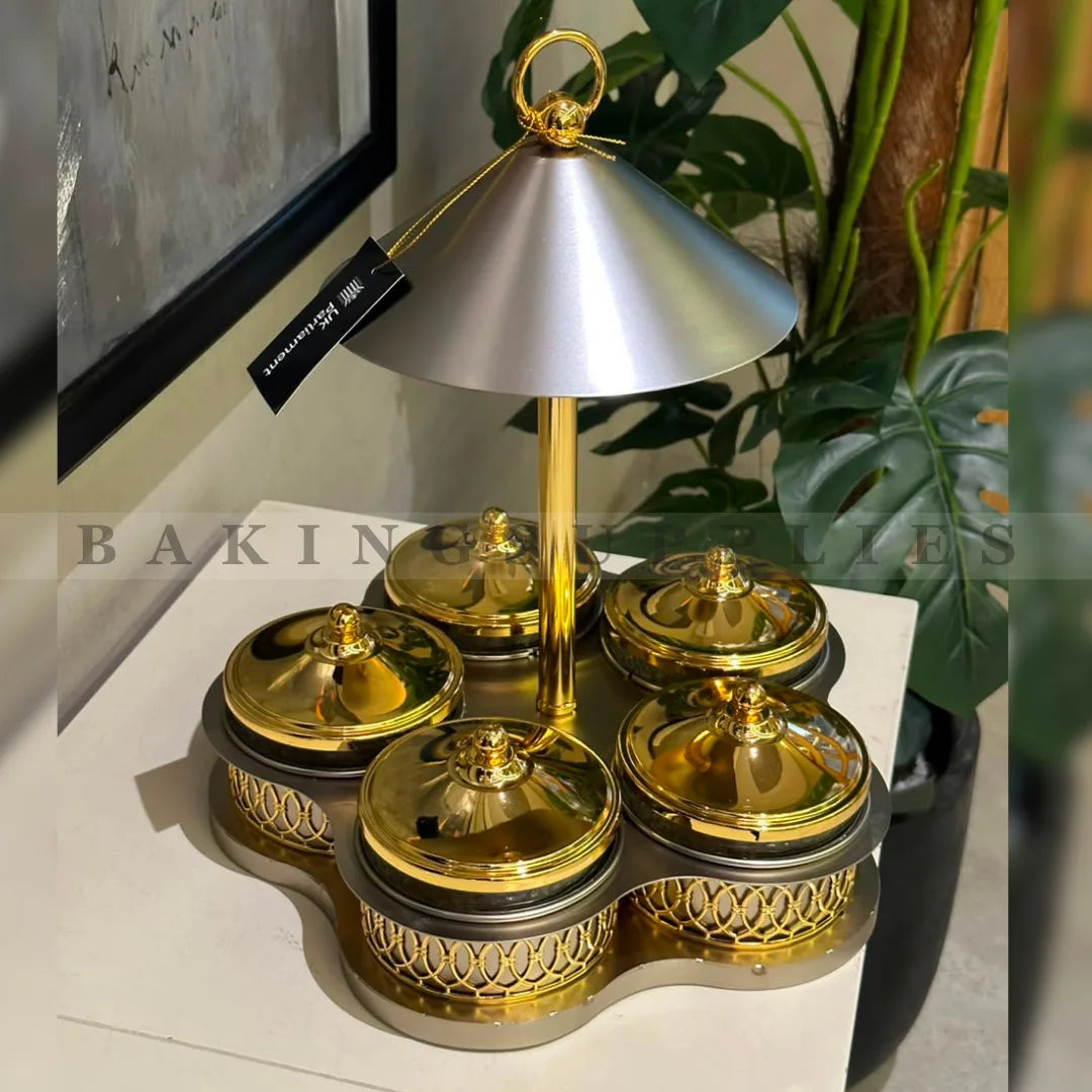 Luxury Gold 5-Bowl Dry Fruit Serving Platter with Stand
