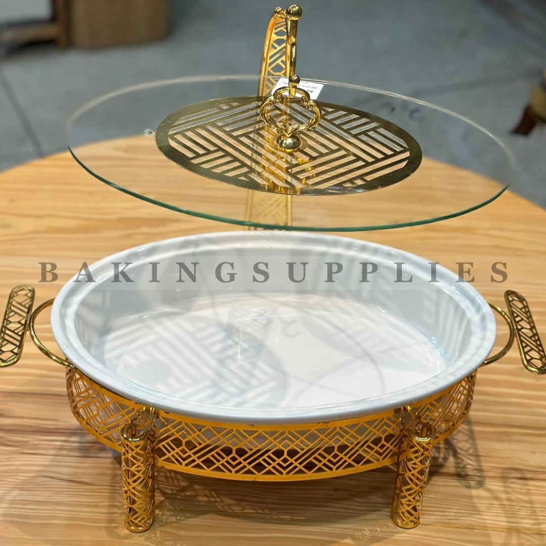 Luxury Gold Chafing Dish with Metal Stand, Glass Lid & Ceramic Serving Bowl