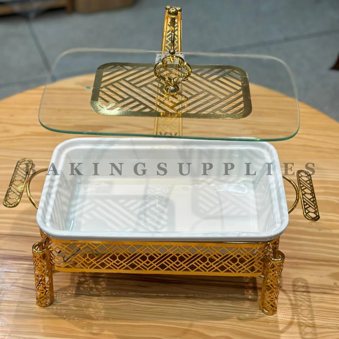 Luxury Gold Chafing Dish with Metal Stand, Glass Lid & Ceramic Serving Bowl