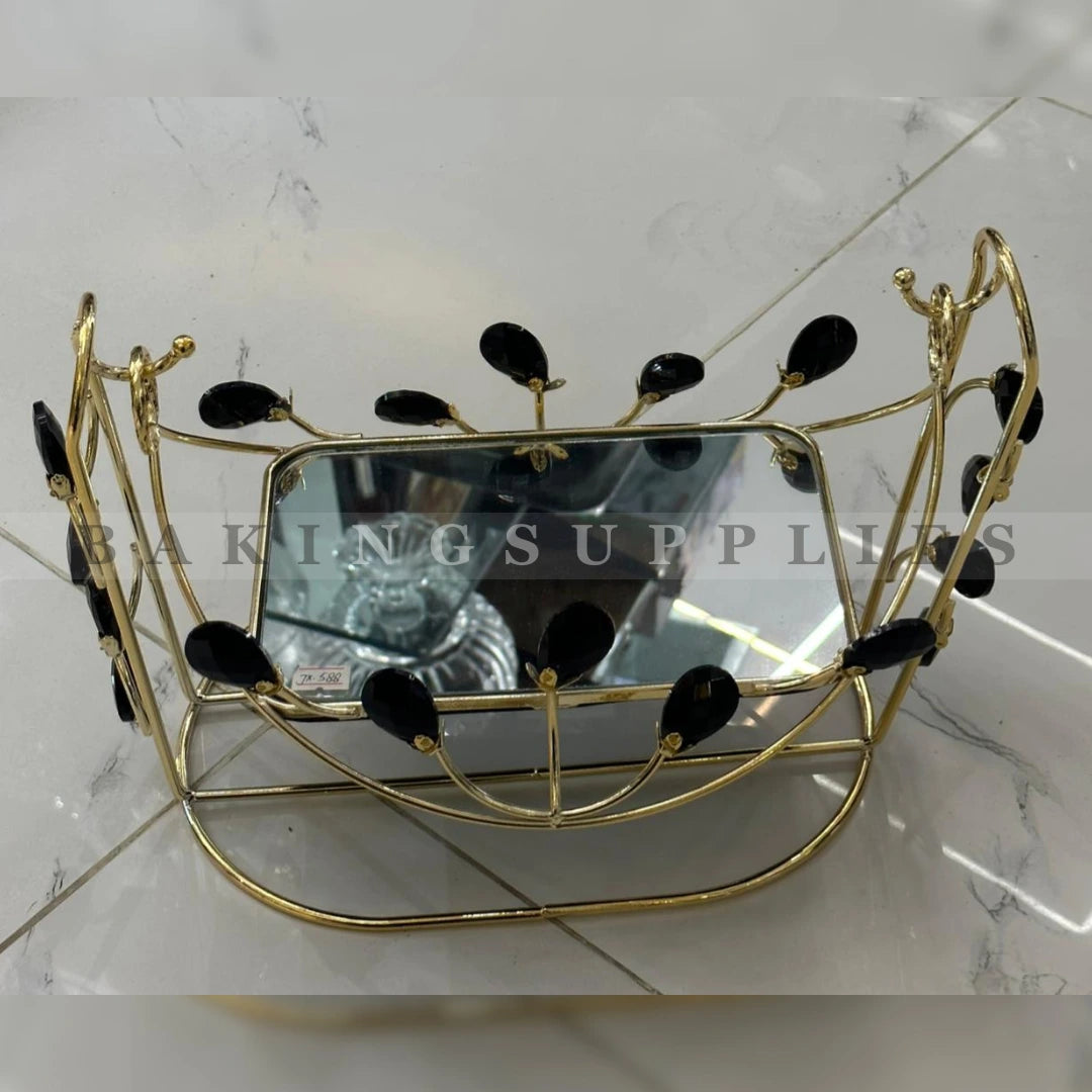 Luxury Gold Movable Mirror Serving Basket with Crystal Leaf Design