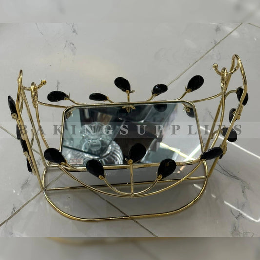 Luxury Gold Movable Mirror Serving Basket with Crystal Leaf Design