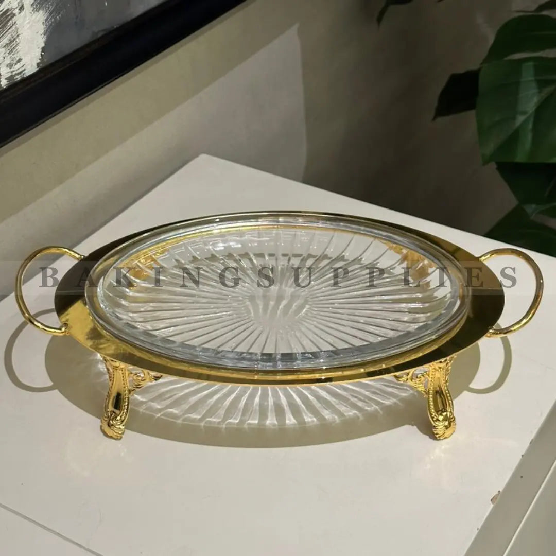 Luxury Gold Glass Serving Platter with Metal Stand & Handles