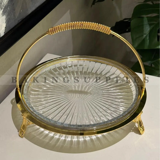 Luxury Gold Glass Serving Platter with Metal Stand & Handles
