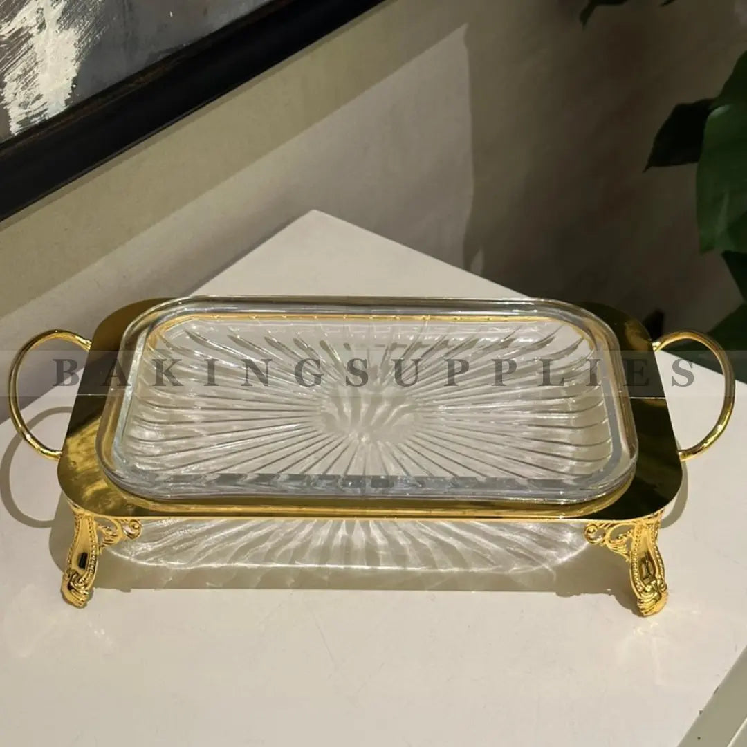 Luxury Gold Glass Serving Platter with Metal Stand & Handles