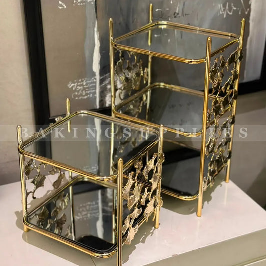Luxury Gold Metal Tiered Serving Stand with Mirrored Trays