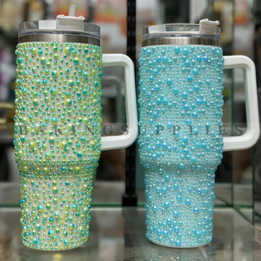 Luxury Pearl Studded Insulated Tumbler with Handle & Straw