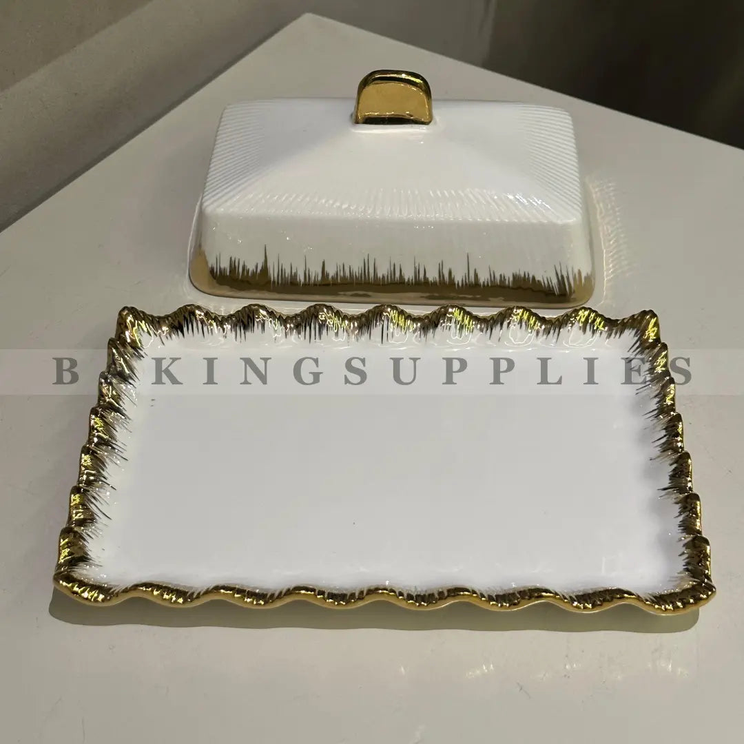Luxury Porcelain Butter Dish with Lid – White & Gold Serving Tray