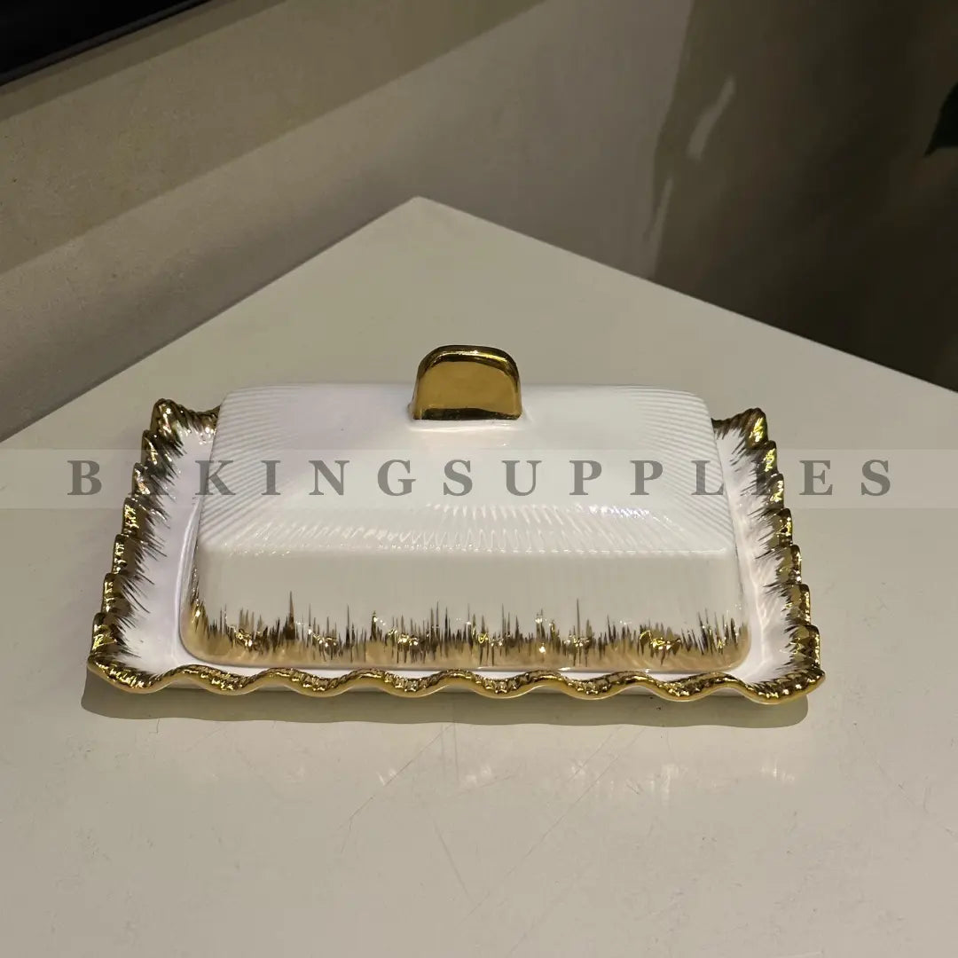 Luxury Porcelain Butter Dish with Lid – White & Gold Serving Tray