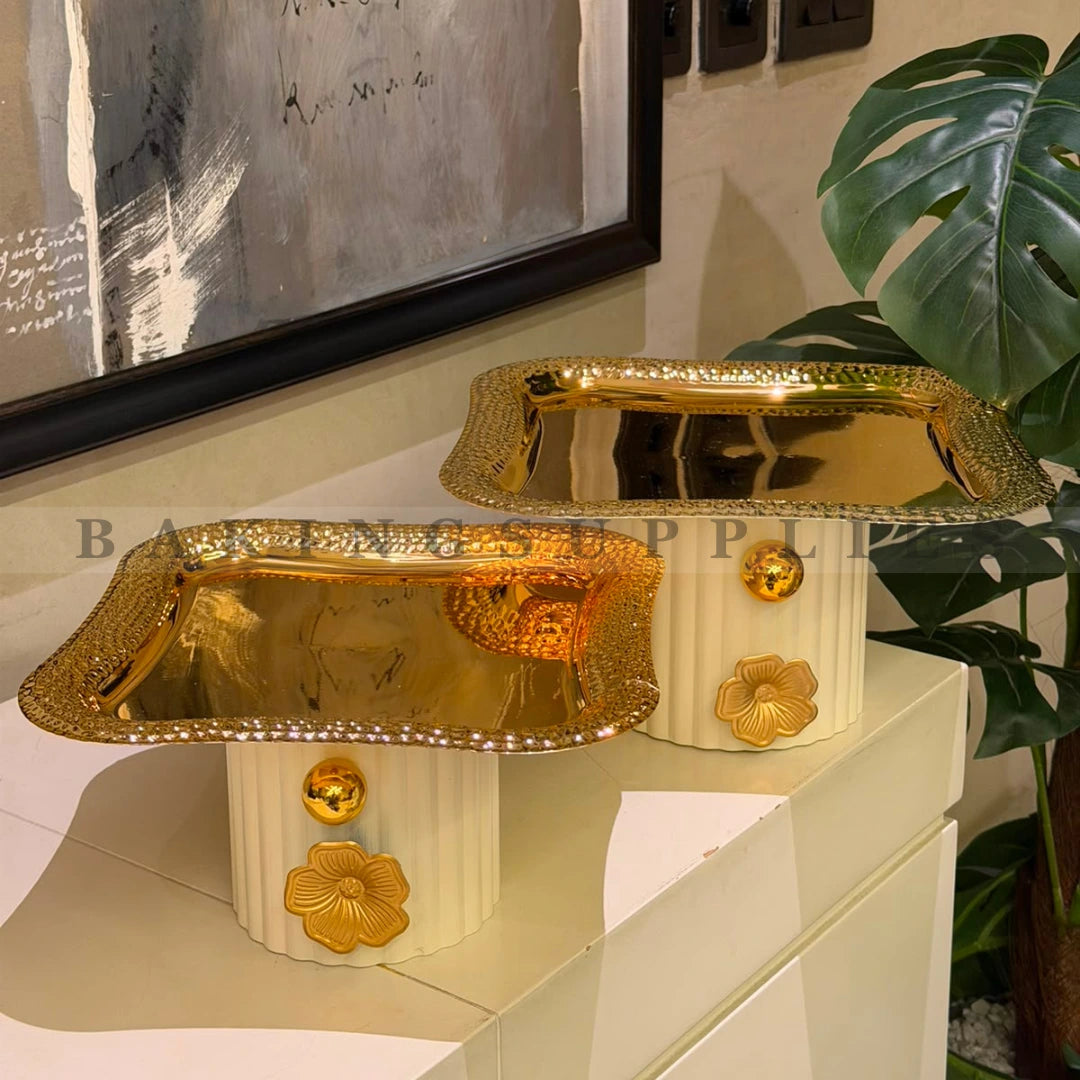 Luxury Gold Metal Platter with 3D Flower | Decorative Serving Tray