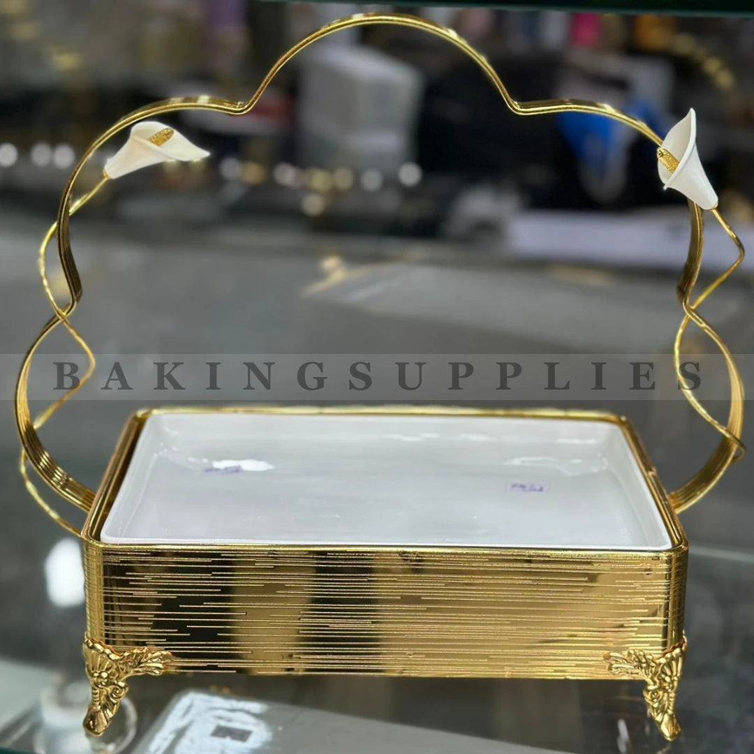 Luxury Rectangular Ceramic Serving Platter with Metal Stand