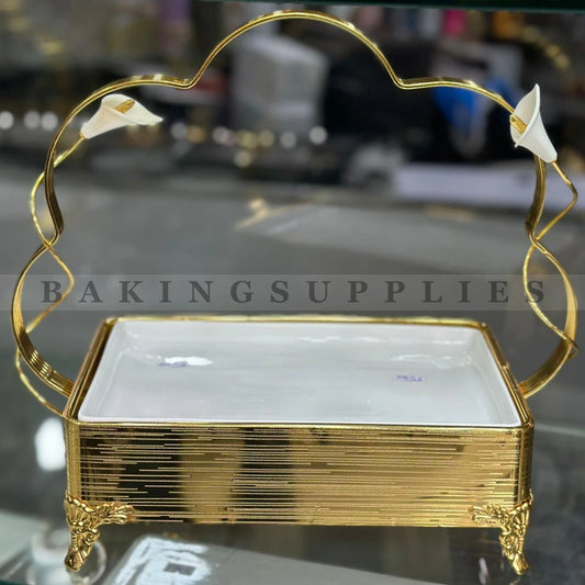 Luxury Rectangular Ceramic Serving Platter with Metal Stand