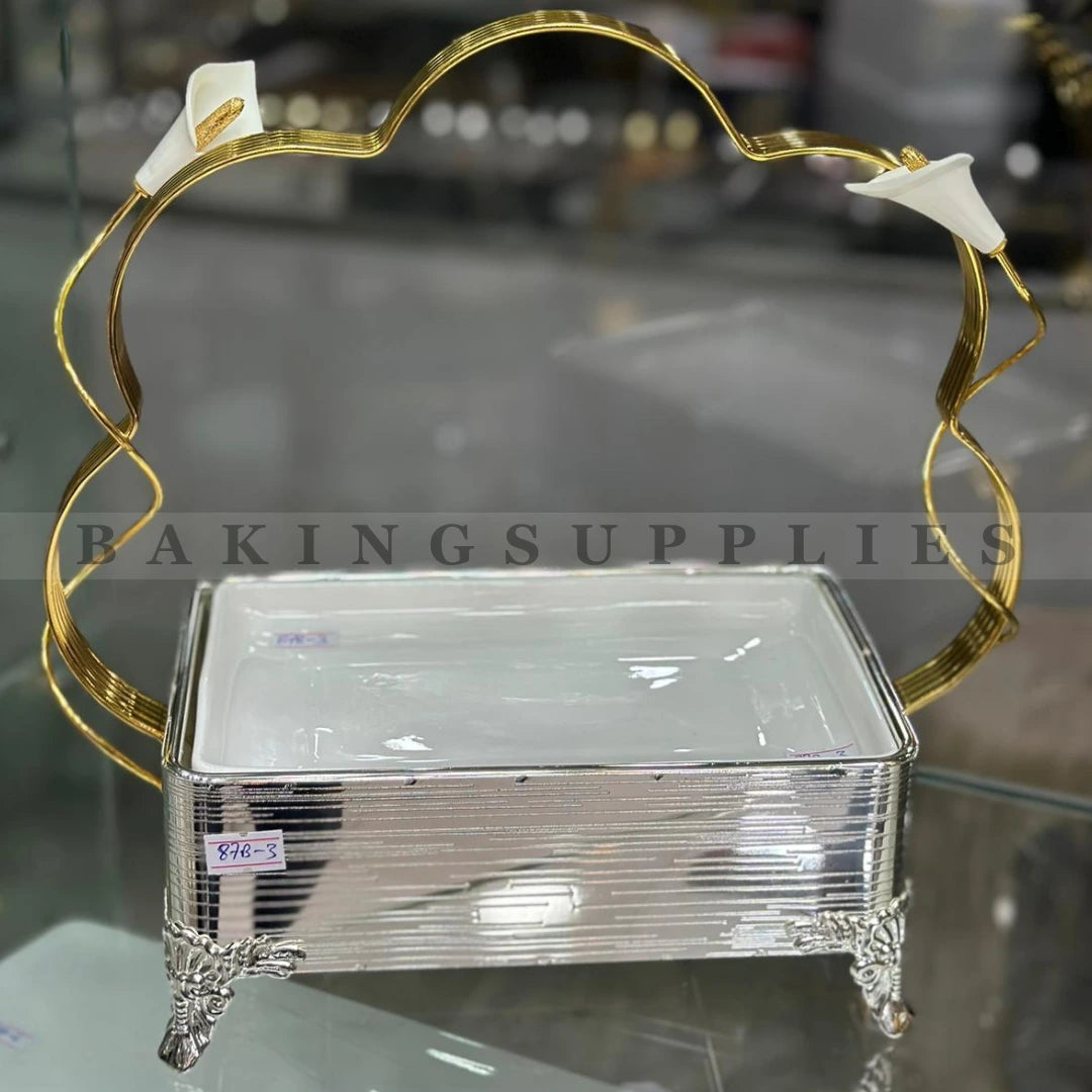 Luxury Rectangular Ceramic Serving Platter with Metal Stand