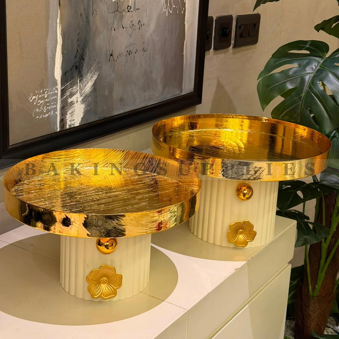 Luxury Gold Metal Platter with 3D Flower | Decorative Serving Tray