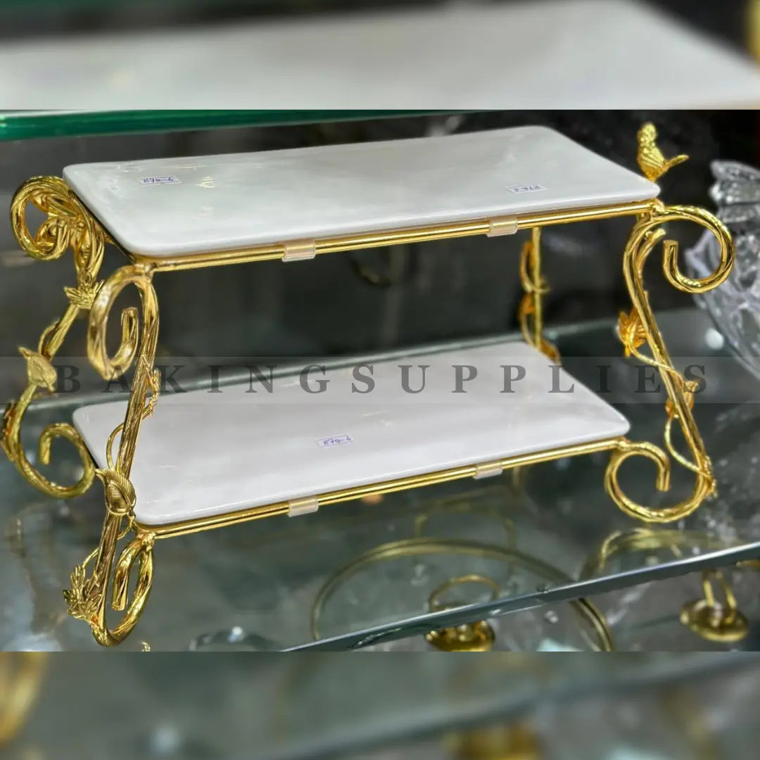 Luxury Two-Tier Porcelain Serving Platter with Decorative Metal Stand