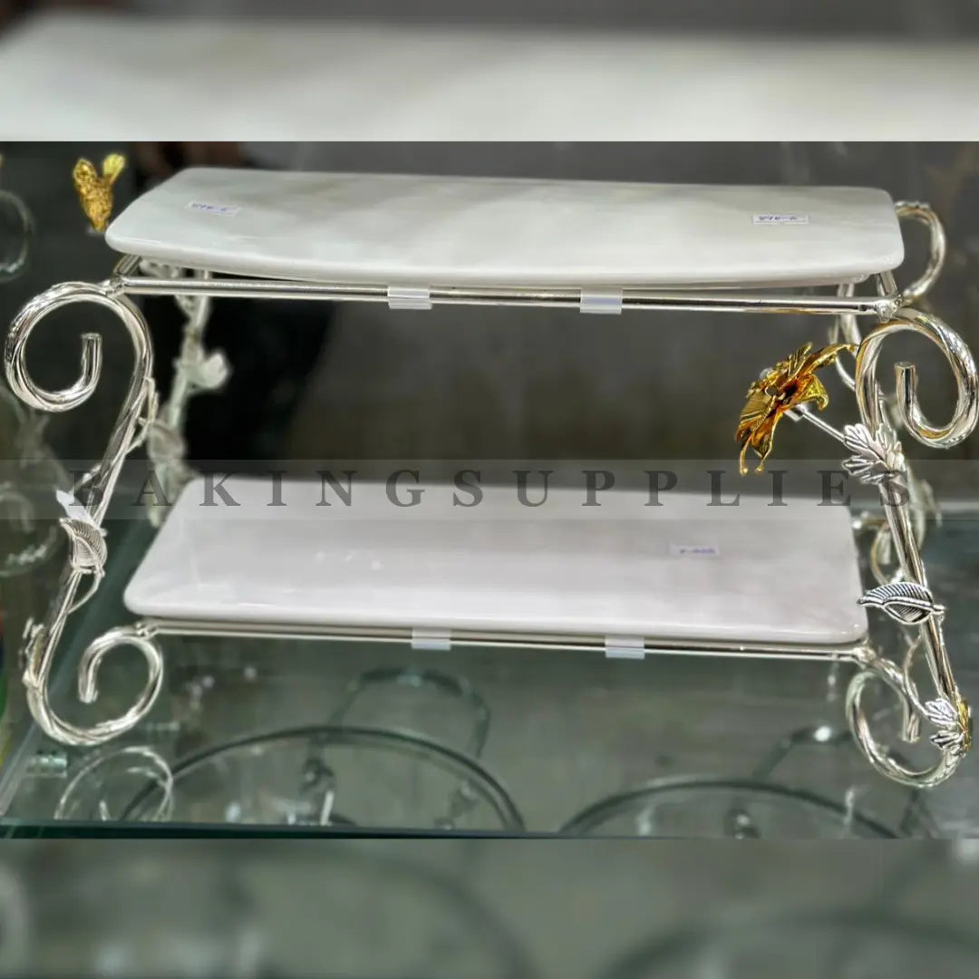 Luxury Two-Tier Porcelain Serving Platter with Decorative Metal Stand