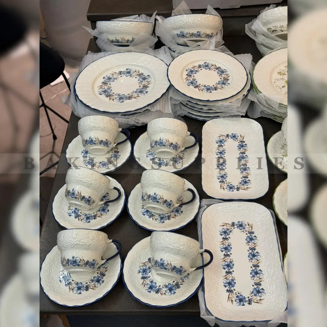 Luxury White & Blue Floral Design 32-Piece Breakfast Set