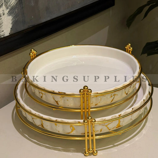 Luxury White & Gold Marbled Serving Platter with Metal Stand