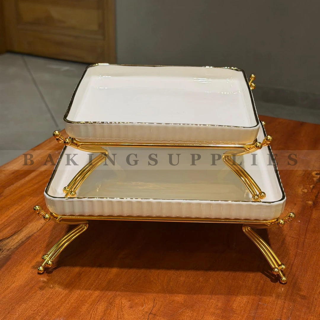 Luxury White and Gold Square Serving Platter with Stand