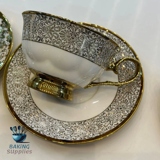 Luxury Cup & Saucer Set – White Base with Black Pattern & Gold Finish (Serves 6)