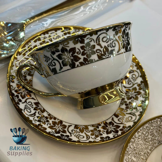Luxury Gold & Floral Cup & Saucer Set – Service for Six