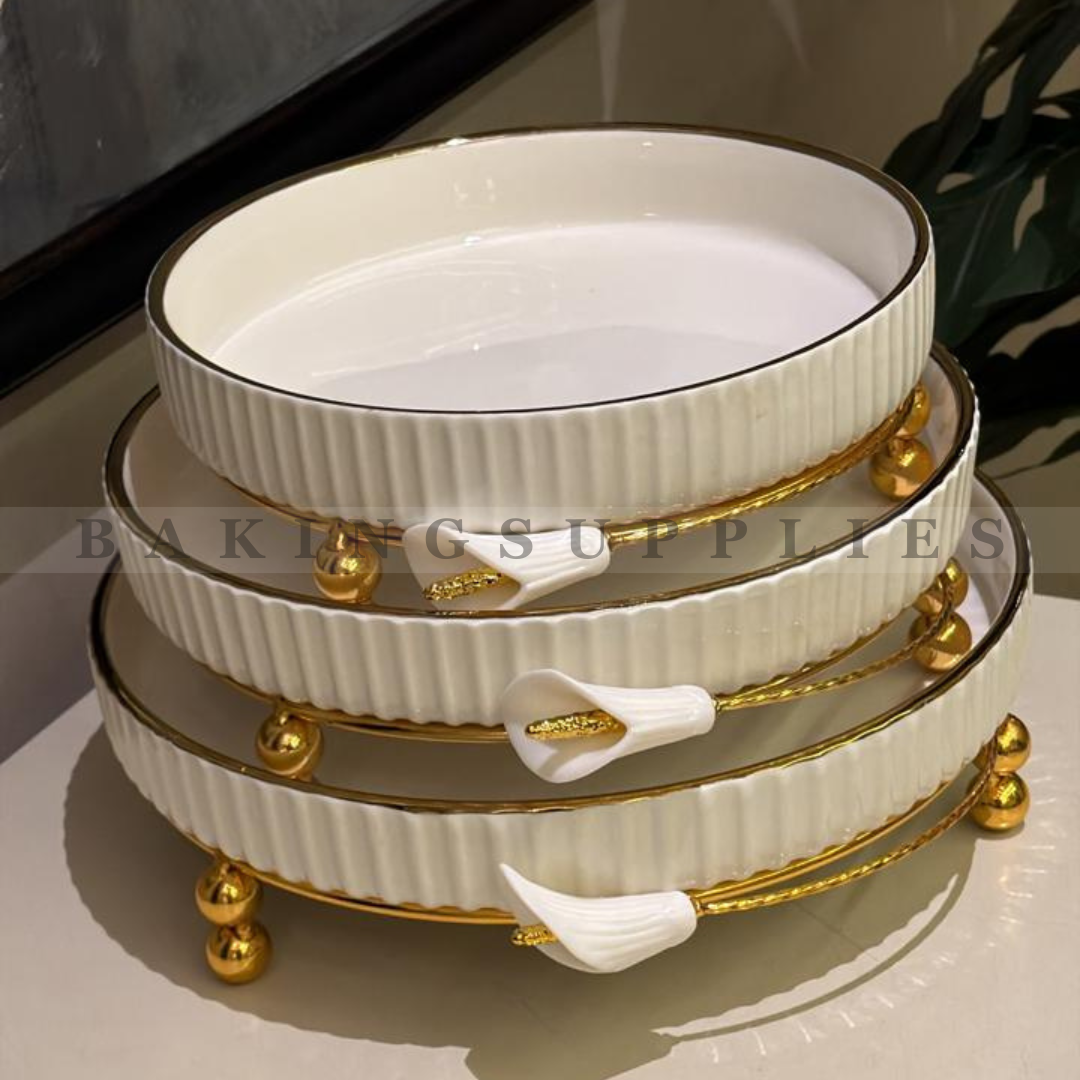 Luxury Oval Ceramic Serving Platter with Gold Stand & Floral Accent