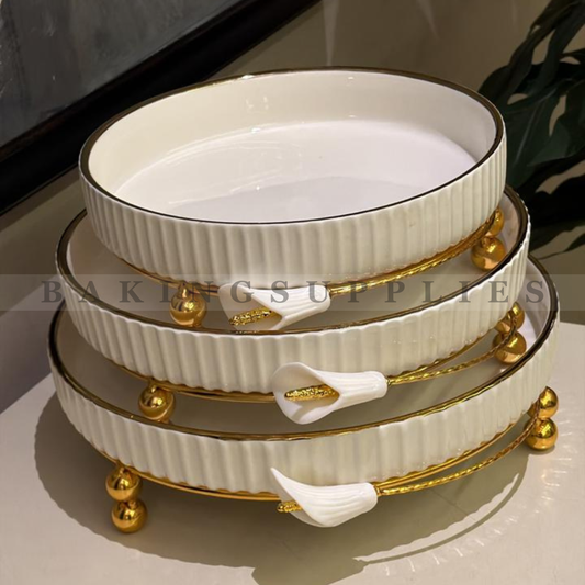 Luxury Oval Ceramic Serving Platter with Gold Stand & Floral Accent