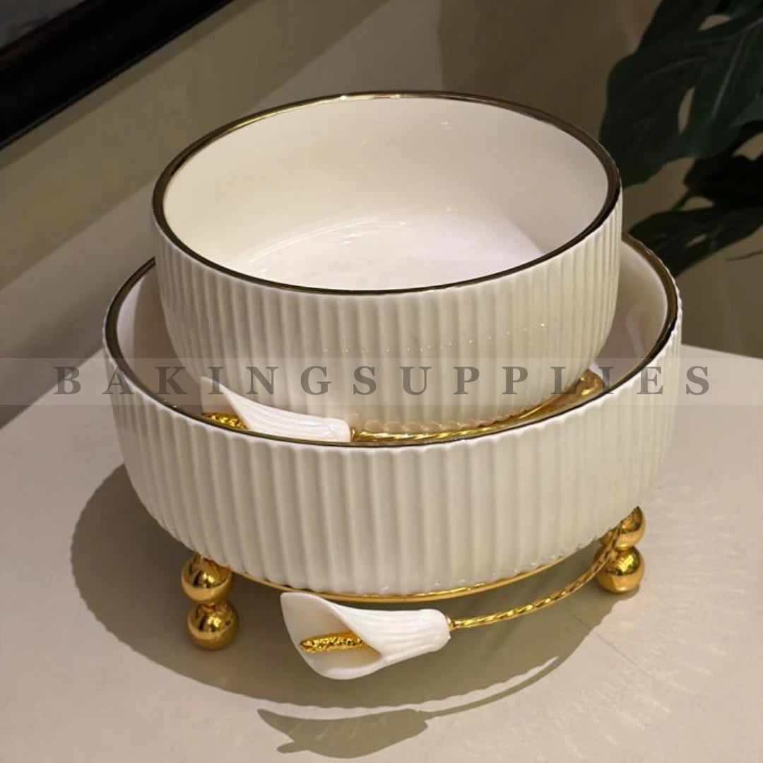 Luxury Ribbed Ceramic Serving Bowl with Gold Stand & Floral Accent
