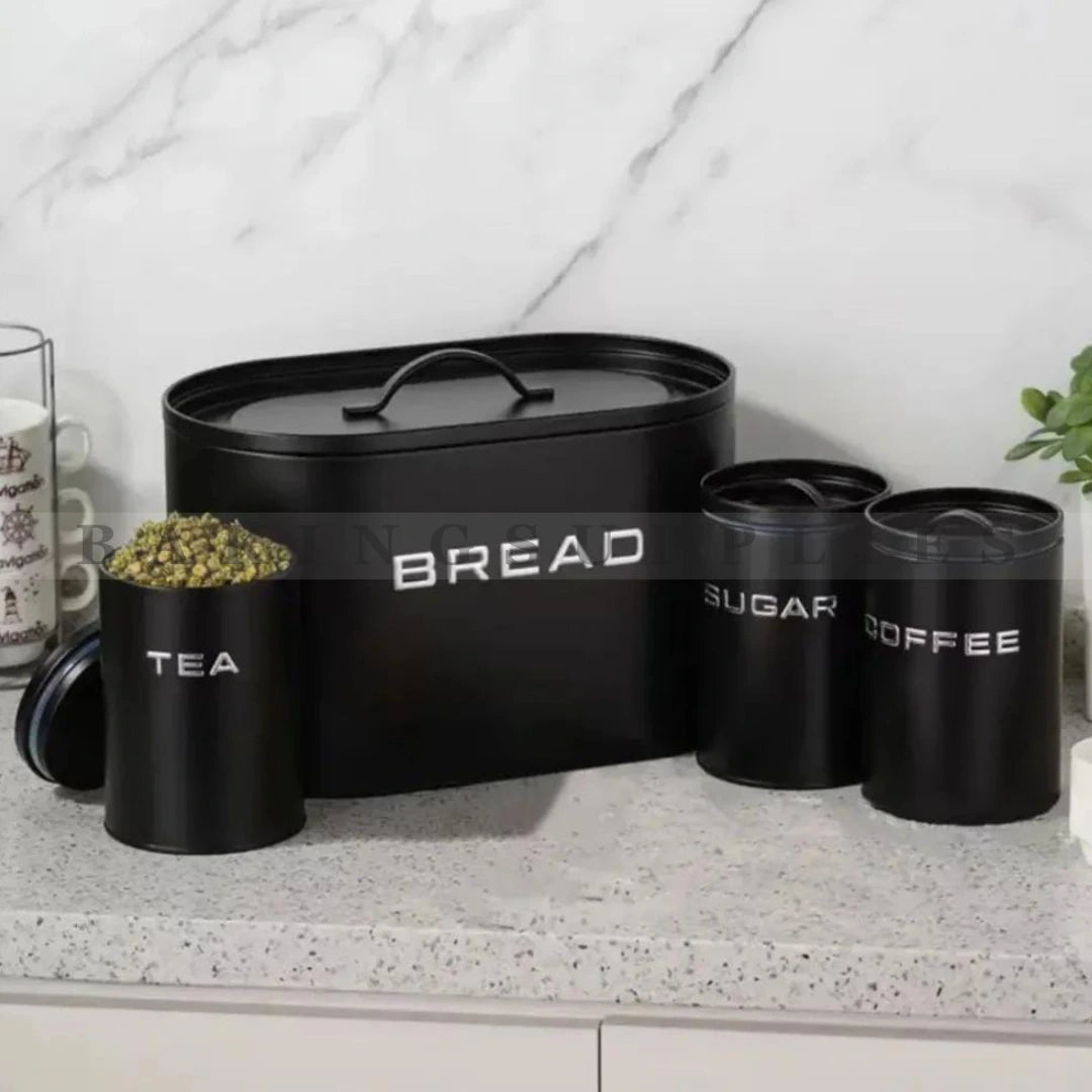 Metal Bread Bin with Tea Sugar Coffee Canisters – 4 Piece Kitchen Storage Set