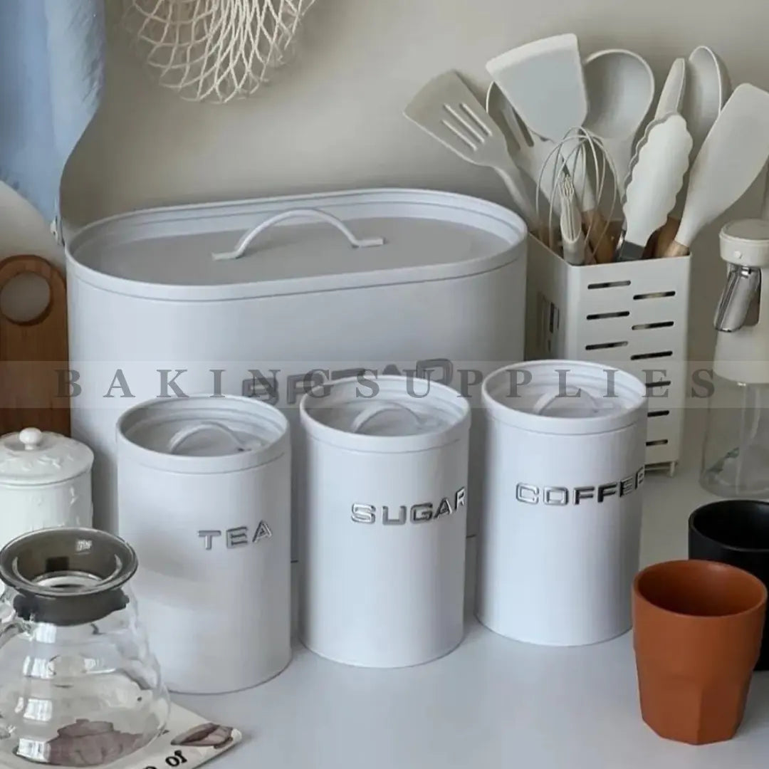Metal Bread Bin with Tea Sugar Coffee Canisters – 4 Piece Kitchen Storage Set
