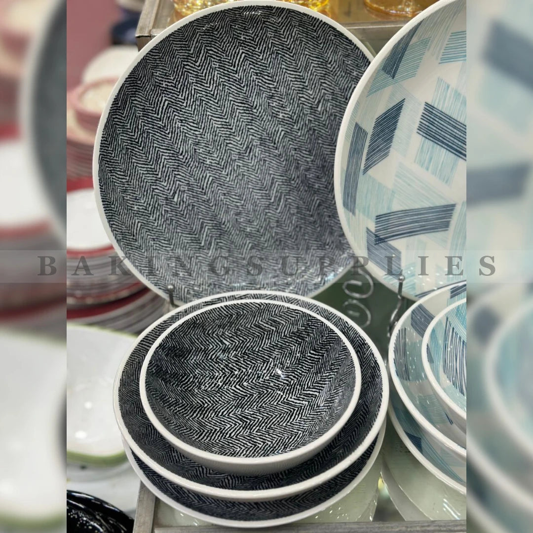 Midnight Chevron Black & White Dinnerware Set – 24 Pc Modern Stoneware