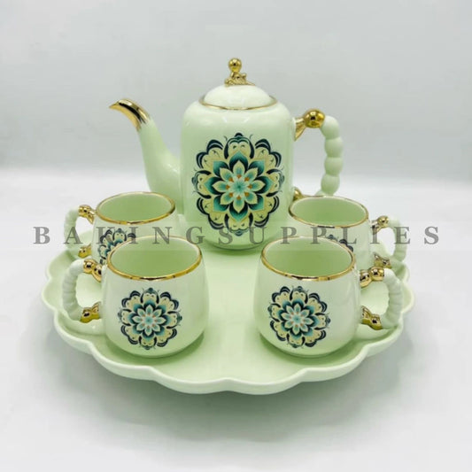 Mint Mandala Gold Accent Porcelain 9 Piece Tea Set with Tray