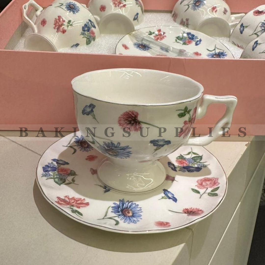 Floral Ceramic Cups & Saucers 7-Piece Set