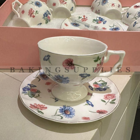 Floral Ceramic Cups & Saucers 7-Piece Set