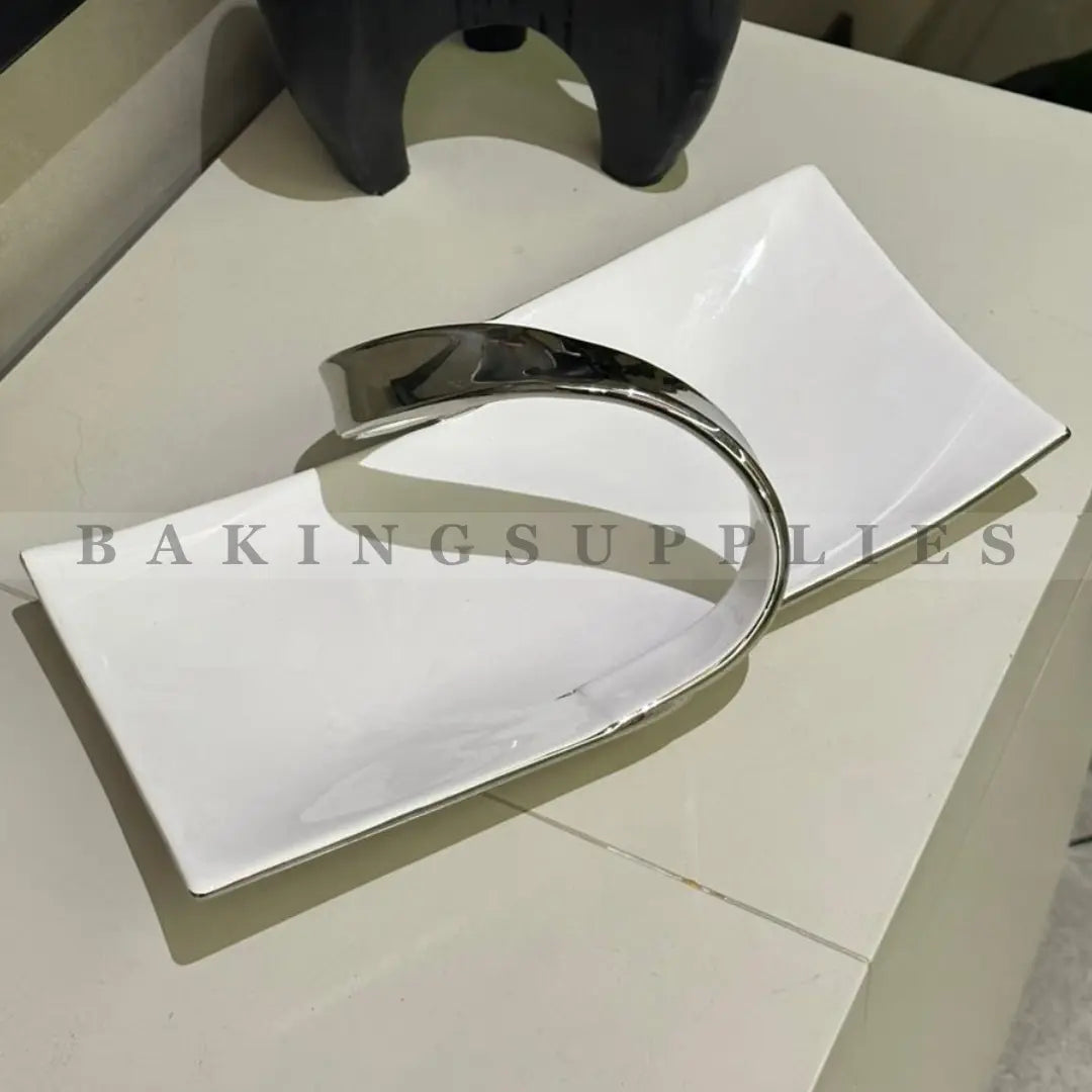 Modern Porcelain Serving Platter with Chrome Handle