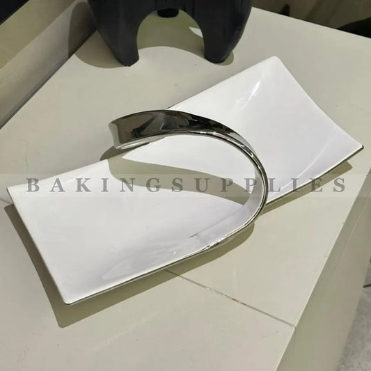 Modern Porcelain Serving Platter with Chrome Handle