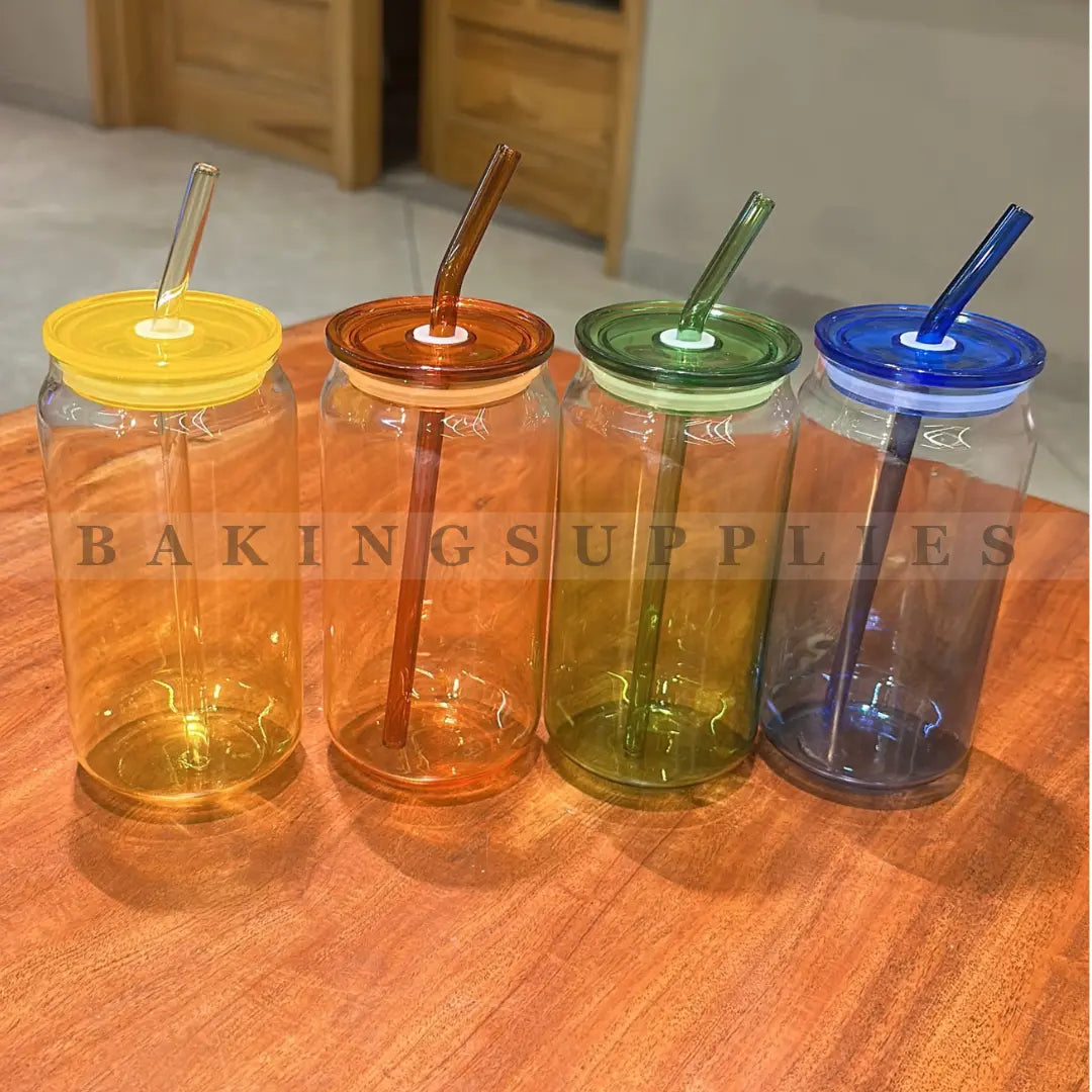 Multicolor Can Glass Set of 4 with Lids & Straws