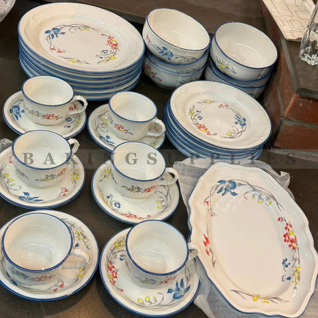 Multicolor Floral Blue Rim Ceramic Breakfast Set 32 Pieces